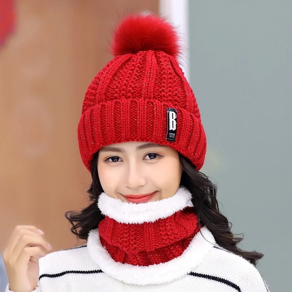 2 Pieces Winter Hats, Women Scarf Set, Warm Knitted Beanie Set color Red - Picture 1 of 4